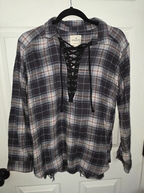 American Eagle Oversized Distressed Plaid Flannel